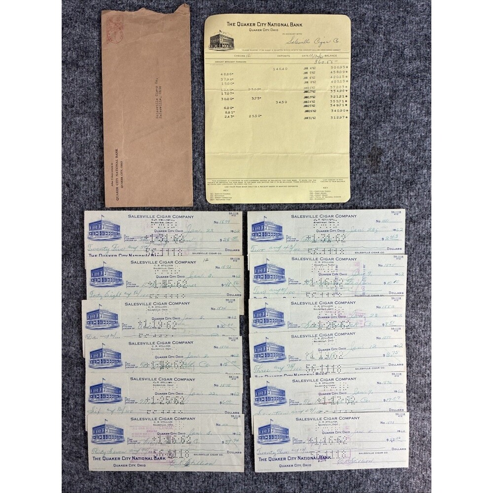 Vintage 1962 Salesville Cigar Co Bank Checks Lot Quaker City Ohio w/ Statement
